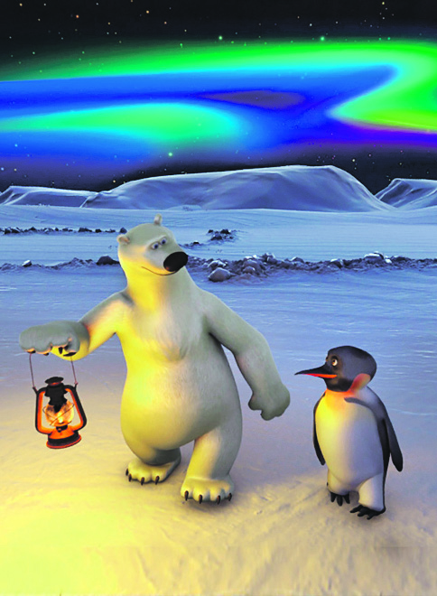 Ein Eisbär und ein Pinguin gehen in einer Polarnacht übers Eis