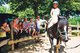 Ein Mädchen reitet auf einem Pony. Mehrer Kinder sitzen auf einem Gatter und schauen zu.