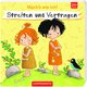Das Cover des Kinderbuches „Streiten und Vertragen“ hat eine hellgelbe Hintergrundfarbe, auf der man die Silhouetten von kleinen Steinzeit-Knochen erkennt. Im Vordergrund stehen zwei Steinzeit-Kinder, die einander böse anschauen.