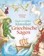 Auf dem Bild sieht man das Cover des Buches "Griechische Sagen". Darauf sieht man ein Holzschiff, welches in den Gewässern einer Schlucht in Seenot gerät. In den Felswänden links und rechts sieht man Figuren der griechischen Mythologie wie z.B. Zeus.