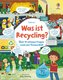 Cover des Buches "Was ist Recycling?". Zeichnungen eines Müllautos, einer Mülldeponie und Menschen beim recycling.